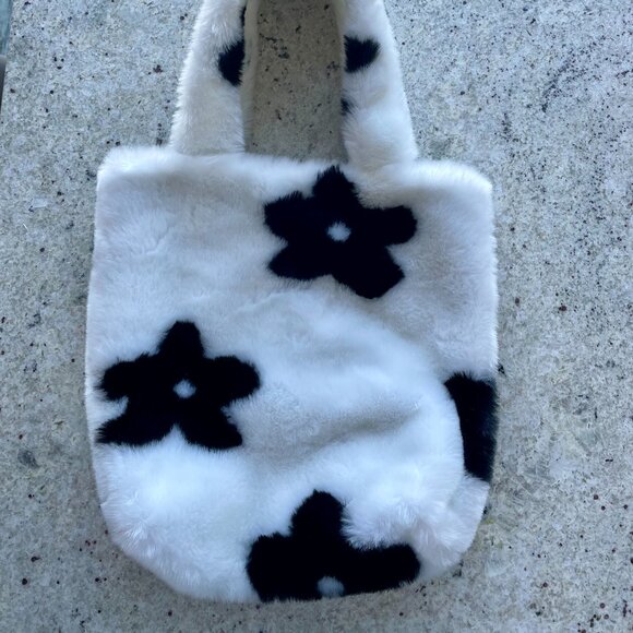 Soft and Fluffy Faux Fur Flower Tote Bag in Black and White for Girls or Women - Picture 2 of 5